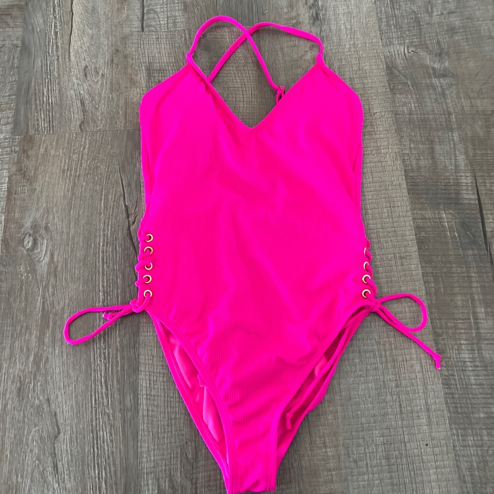 California Waves Swimsuit One Piece Ribbed Criss Cross Tie Sides Pink Sz M